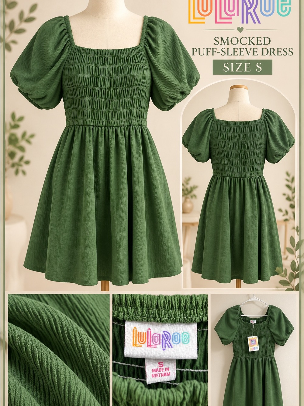 LuLaRoe Olive Green Smocked Puff Sleeve Dress